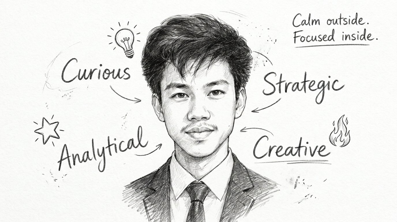 Sketch portrait of Iven labeled curious, strategic, analytical and creative